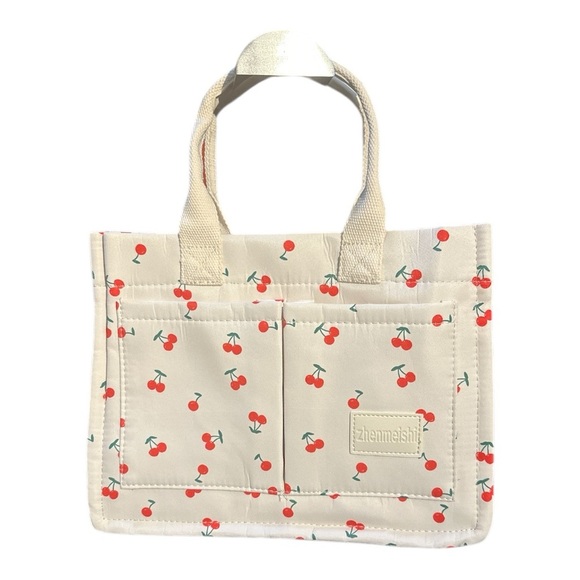 Cream Cherry Print Canvas Tote Bag with Removable Strap New - Picture 2 of 7